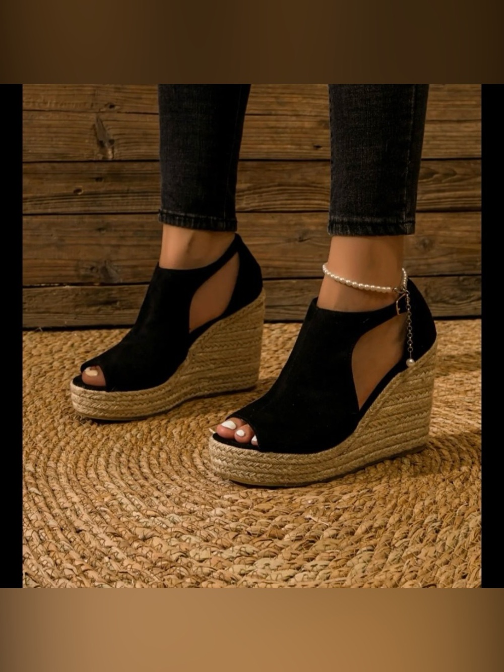 Womens Black Suede Espadrille Wedge Sandals
